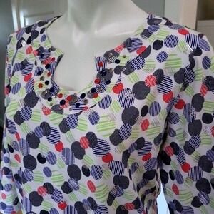 Hearts of Palm Top Size L White Multi Color Dot Print Embellished Neckline